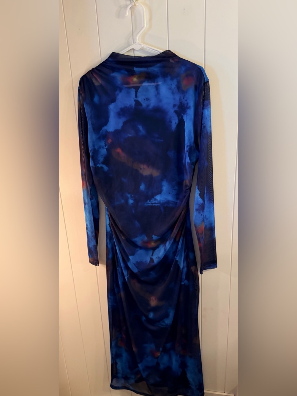 Merokeety Blue Abstract Mesh Long Sleeve Midi Dress – Women’s XL